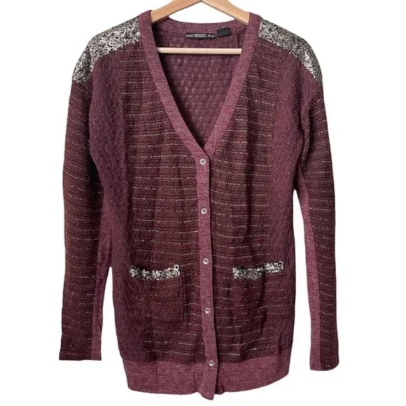 Miss Me Light Weight Button Up Cardigan Boucle Sequin Maroon SMALL - Picture 1 of 8